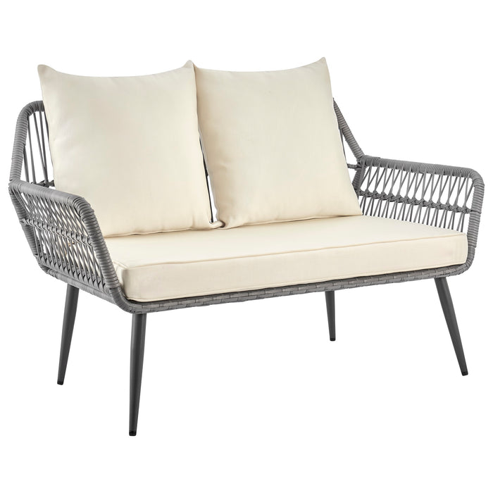 Ensemble de conversation Portofino de Manhattan Comfort 4 pièces en corde et en osier avec coussins pour la terrasse - crème