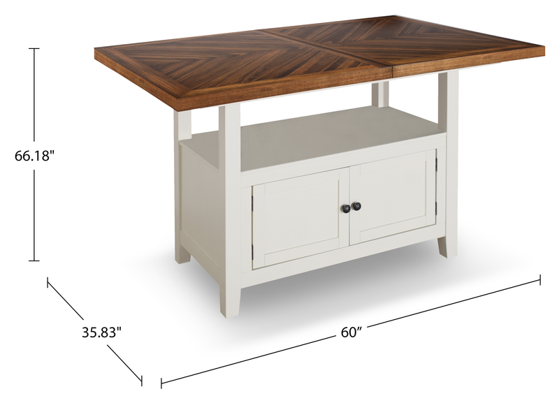 Table de salle à manger Piper de hauteur comptoir de 60 po à 72 po (L) avec rallonge et rangement intégré - deux couleurs, blanc et brun