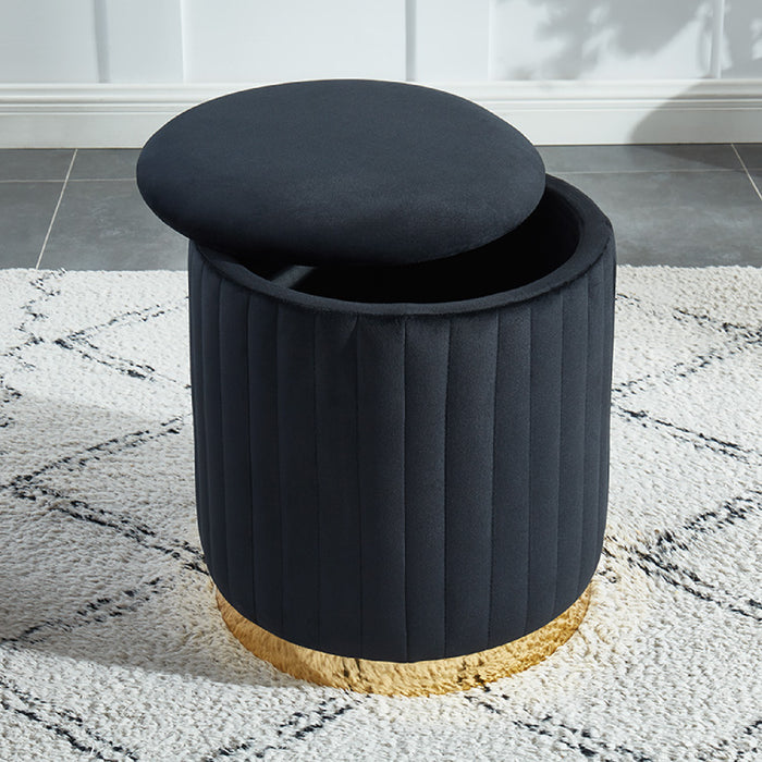 Pouf rond Charlotte noir en velours avec base dorée