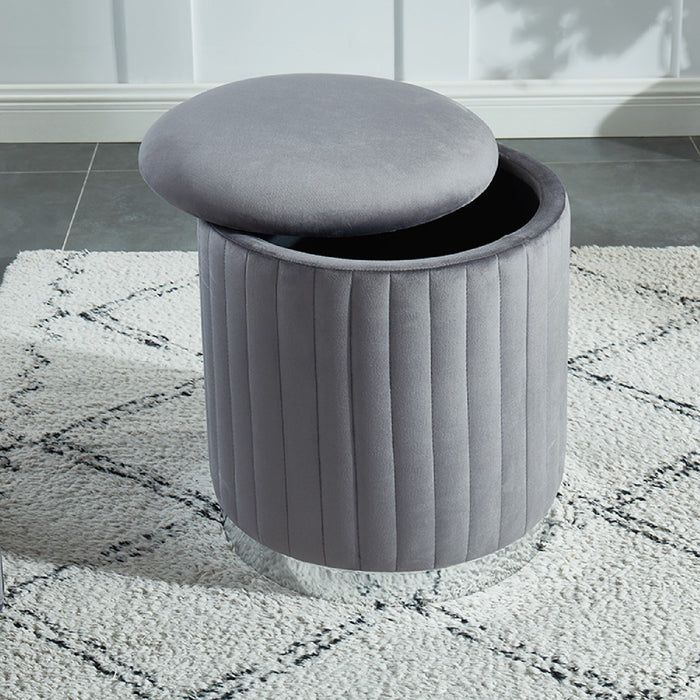 Pouf rond Charlotte gris en velours avec base argentée