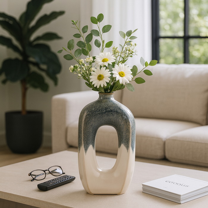 Vase de 16 po en céramique à découpe ouverte - ivoire et bleu 