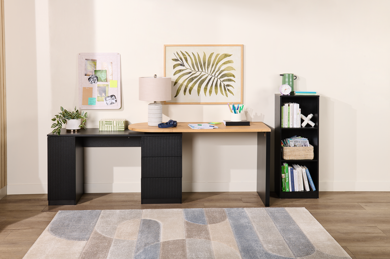 Bureau convertible en forme de L Ridley 55.1 po avec 3 tiroirs - noir et chêne