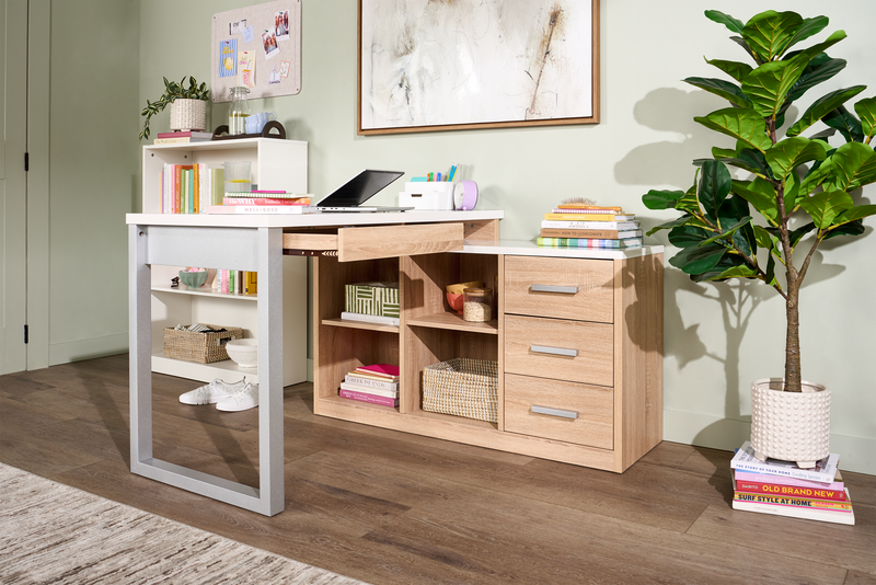 Bureau en coin réversible Owen de 55 po avec 4 tiroirs et compartiments - imitation de marbre blanc et blanc vieilli