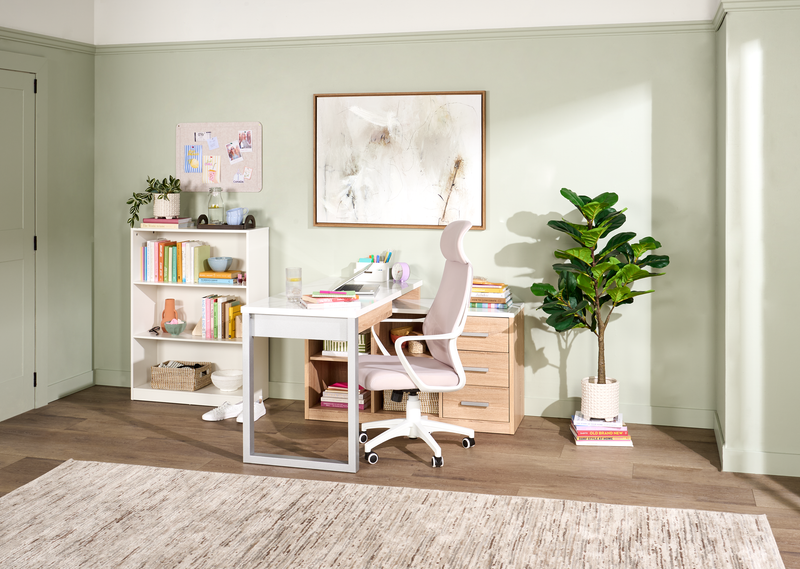 Bureau en coin réversible Owen de 55 po avec 4 tiroirs et compartiments - imitation de marbre blanc et blanc vieilli