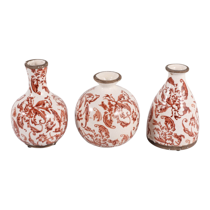 Ensemble de 3 vases à fleurs Cottage de 6,75 po en céramique à motif floral- rouge et ivoire 