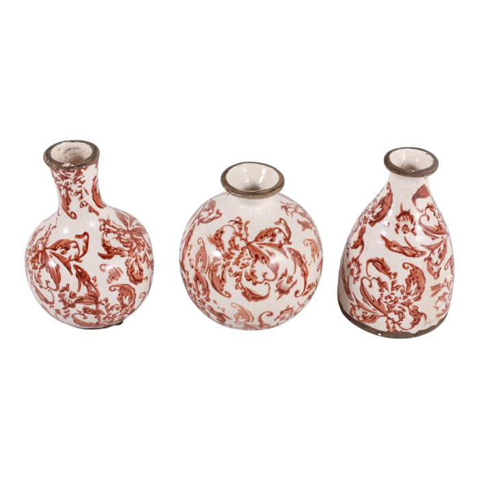 Ensemble de 3 vases à fleurs Cottage de 6,75 po en céramique à motif floral- rouge et ivoire 