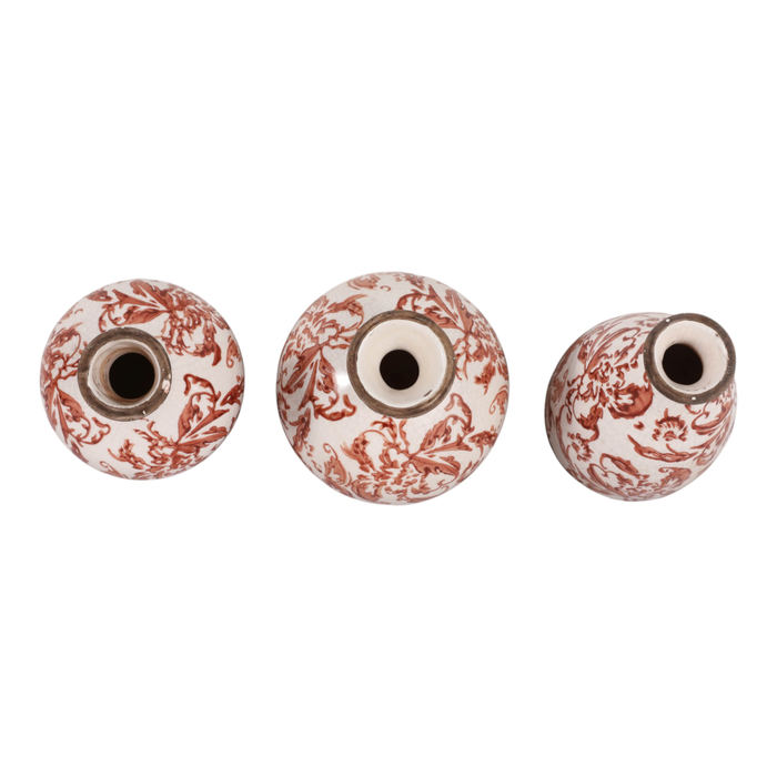 Ensemble de 3 vases à fleurs Cottage de 6,75 po en céramique à motif floral- rouge et ivoire 