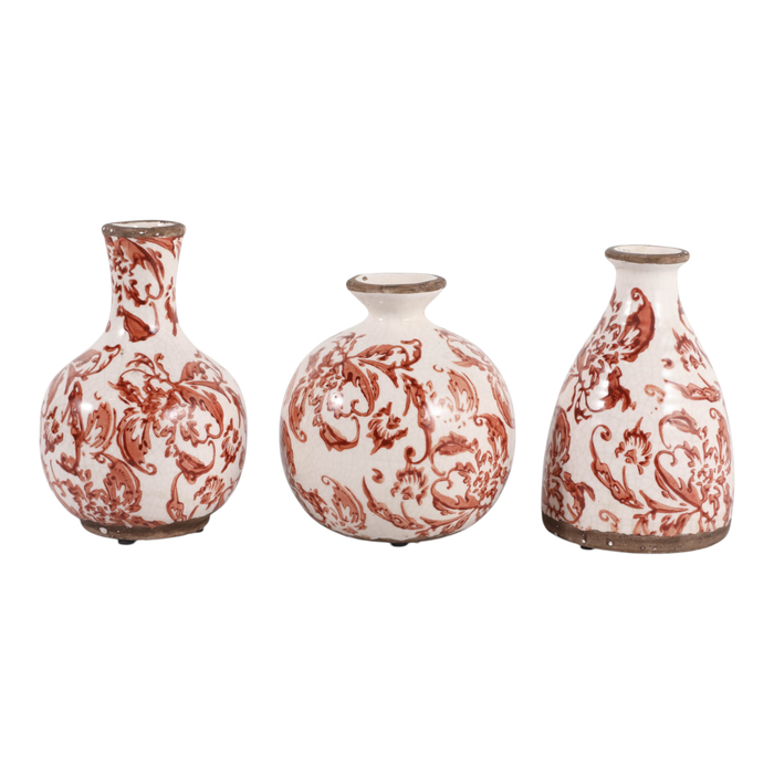 Ensemble de 3 vases à fleurs Cottage de 6,75 po en céramique à motif floral- rouge et ivoire 
