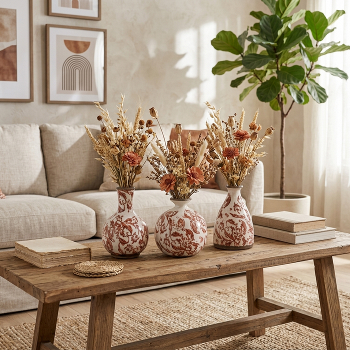 Ensemble de 3 vases à fleurs Cottage de 6,75 po en céramique à motif floral- rouge et ivoire 