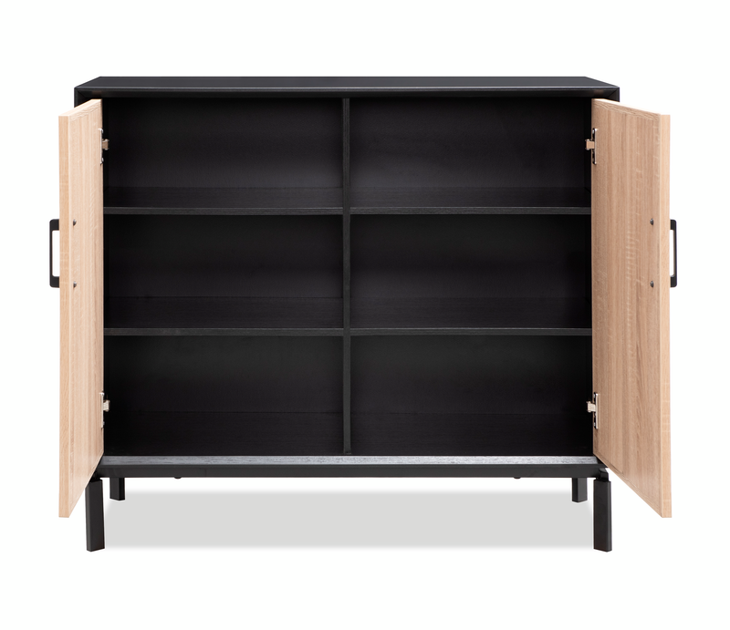 Armoire décorative Alenna de 36 po à 2 portes avec tablettes réglables et quincaillerie noire - noir et blanc vieilli
