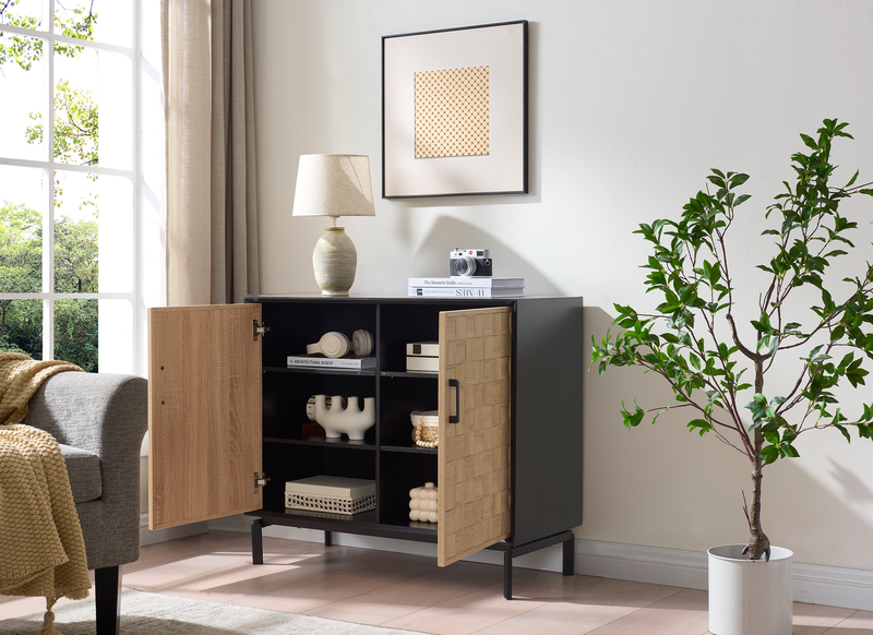 Armoire décorative Alenna de 36 po à 2 portes avec tablettes réglables et quincaillerie noire - noir et blanc vieilli