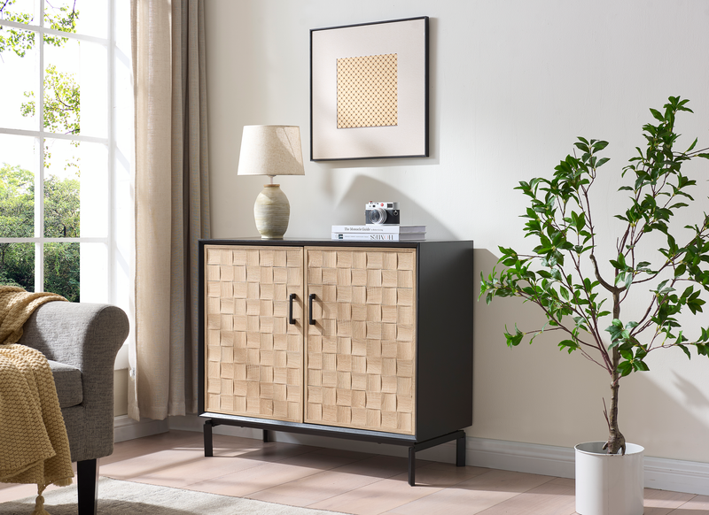 Armoire décorative Alenna de 36 po à 2 portes avec tablettes réglables et quincaillerie noire - noir et blanc vieilli
