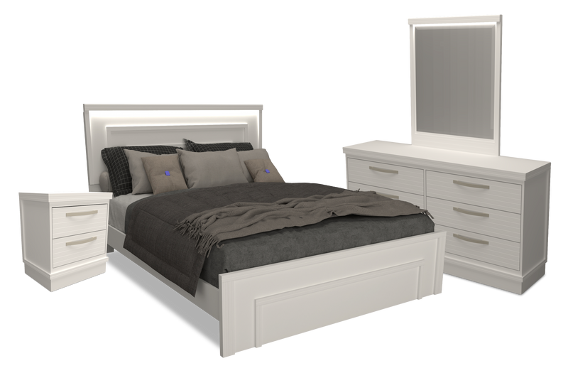 Ensemble de chambre à coucher Alpine 6 pièces avec lit à panneaux, commode, miroir, table de nuit et éclairage, blanc - grand lit