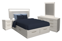 Ensemble de chambre à coucher Alpine 6 pièces avec lit de rangement, commode, miroir, table de nuit et éclairage, blanc - lit double