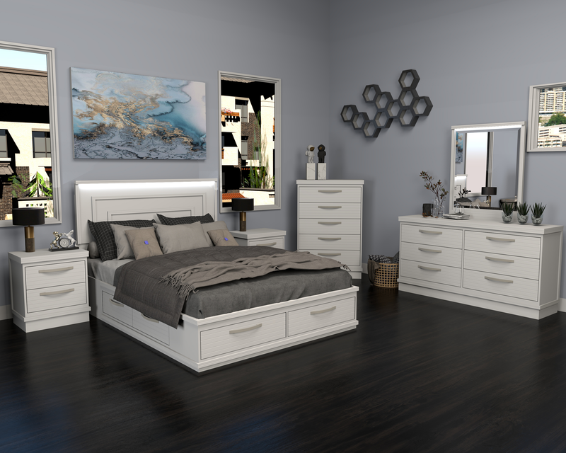 Ensemble de chambre à coucher Alpine 5 pièces avec lit de rangement, commode, miroir et éclairage, fabriqué au Canada, blanc - grand lit