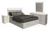 Ensemble de chambre à coucher Alpine 6 pièces avec lit de rangement, commode, miroir, table de nuit et éclairage, blanc - grand lit