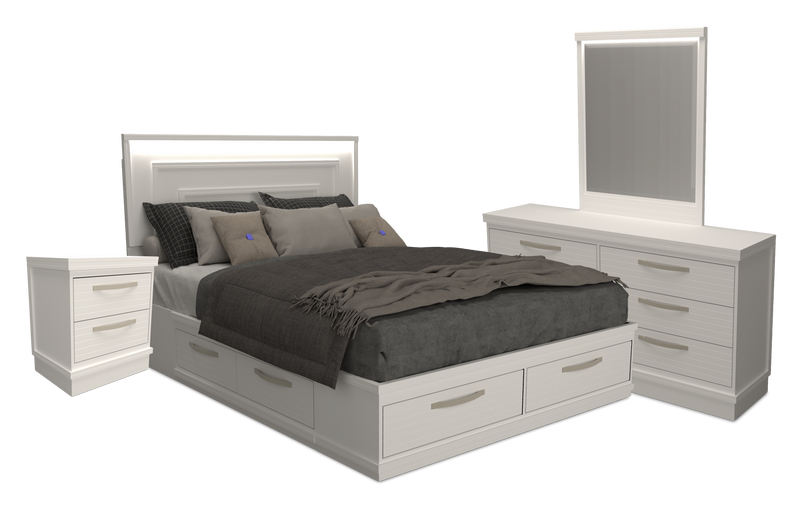 Ensemble de chambre à coucher Alpine 6 pièces avec lit de rangement, commode, miroir, table de nuit et éclairage, blanc - grand lit