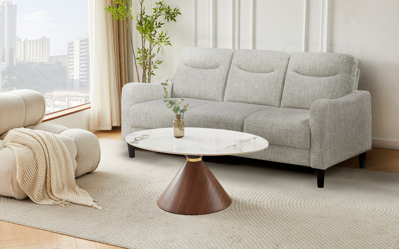 Table à café ovale moderne Alwin de 40 po avec dessus en pierre frittée blanche - brune