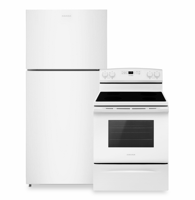 Réfrigérateur de 19,3 pi3 et de 30 po à congélateur supérieur et cuisinière électrique de 4,8 pi3 d’Amana - blanc