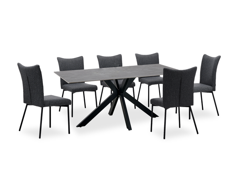Ensemble de salle à manger Atlas 7 pièces en pierre frittée et métal avec table de 71 po (L) et 6 chaises - gris et noir