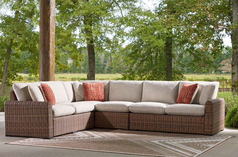 Ensemble Banff 4 pièces pour la terrasse à l’extérieur avec 2 causeuses, un fauteuil en coin et un fauteuil sans accoudoirs - brun et beige
