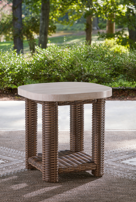 Table de bout Banff pour la terrasse à l’extérieur - osier en résine et aluminium, résistante aux intempéries - brune et beige