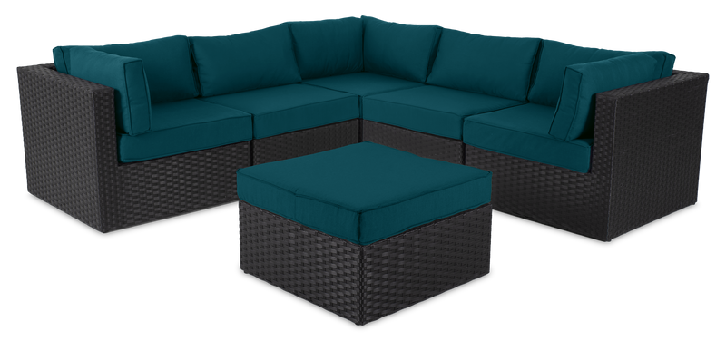 Fauteuil en coin Barbados pour la terrasse à l’extérieur - osier en résine tressé à la main, résistant aux rayons UV et aux intempéries - noir et bleu
