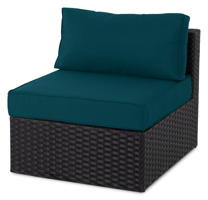 Ensemble Barbados 6 pièces pour la terrasse à l’extérieur avec 3 fauteuils en coin, 2 fauteuils sans accoudoirs et pouf - osier en résine tressé à la main, résistant aux rayons UV et aux intempéries - noir et bleu