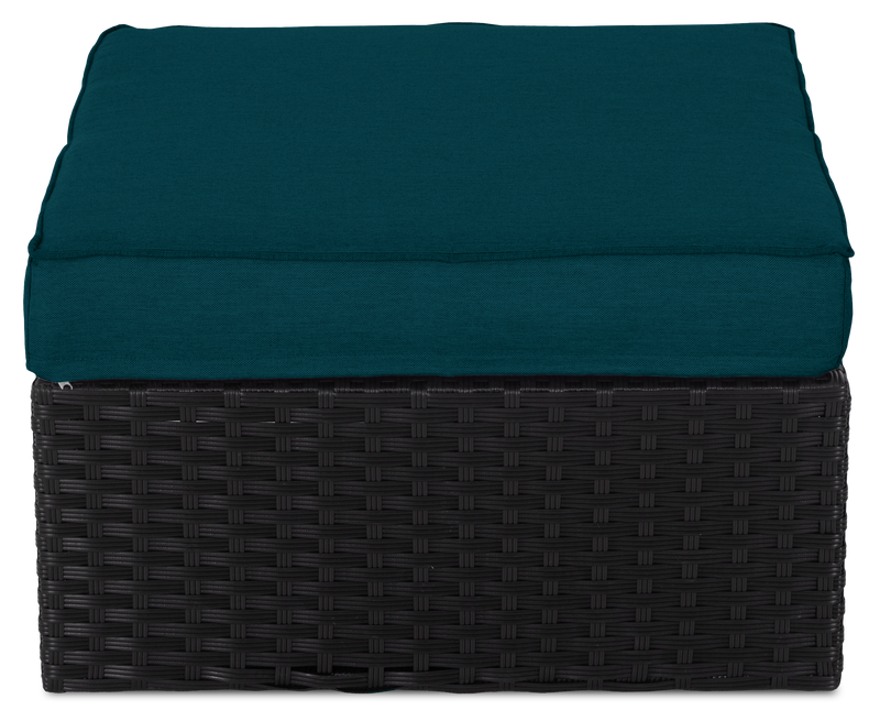 Ensemble Barbados 6 pièces pour la terrasse à l’extérieur avec 3 fauteuils en coin, 2 fauteuils sans accoudoirs et pouf - osier en résine tressé à la main, résistant aux rayons UV et aux intempéries - noir et bleu