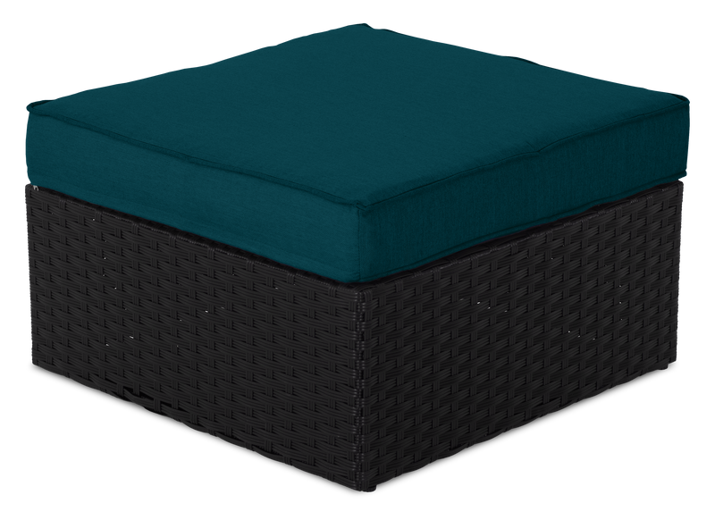 Ensemble Barbados 6 pièces pour la terrasse à l’extérieur avec 3 fauteuils en coin, 2 fauteuils sans accoudoirs et pouf - osier en résine tressé à la main, résistant aux rayons UV et aux intempéries - noir et bleu