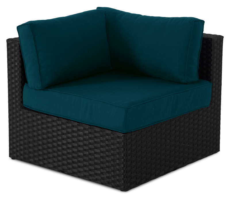 Ensemble Barbados 6 pièces pour la terrasse à l’extérieur avec 3 fauteuils en coin, 2 fauteuils sans accoudoirs et pouf - osier en résine tressé à la main, résistant aux rayons UV et aux intempéries - noir et bleu