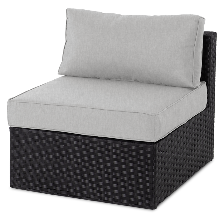 Ensemble Barbados 5 pièces pour la terrasse à l’extérieur avec 3 fauteuils en coin et 2 fauteuils sans accoudoirs - osier en résine tressé à la main, résistant aux rayons UV et aux intempéries - noir et gris