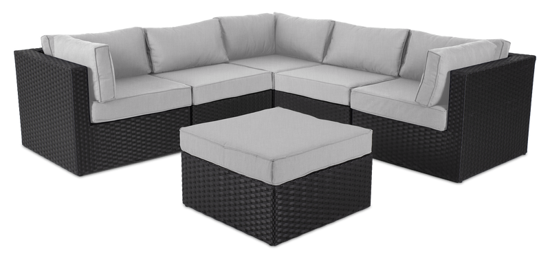 Ensemble Barbados 6 pièces pour la terrasse à l’extérieur avec 3 fauteuils en coin, 2 fauteuils sans accoudoirs et pouf - osier en résine tressé à la main, résistant aux rayons UV et aux intempéries - noir et gris