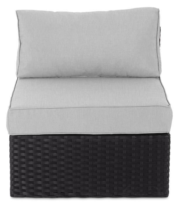 Ensemble Barbados 6 pièces pour la terrasse à l’extérieur avec 3 fauteuils en coin, 2 fauteuils sans accoudoirs et pouf - osier en résine tressé à la main, résistant aux rayons UV et aux intempéries - noir et gris