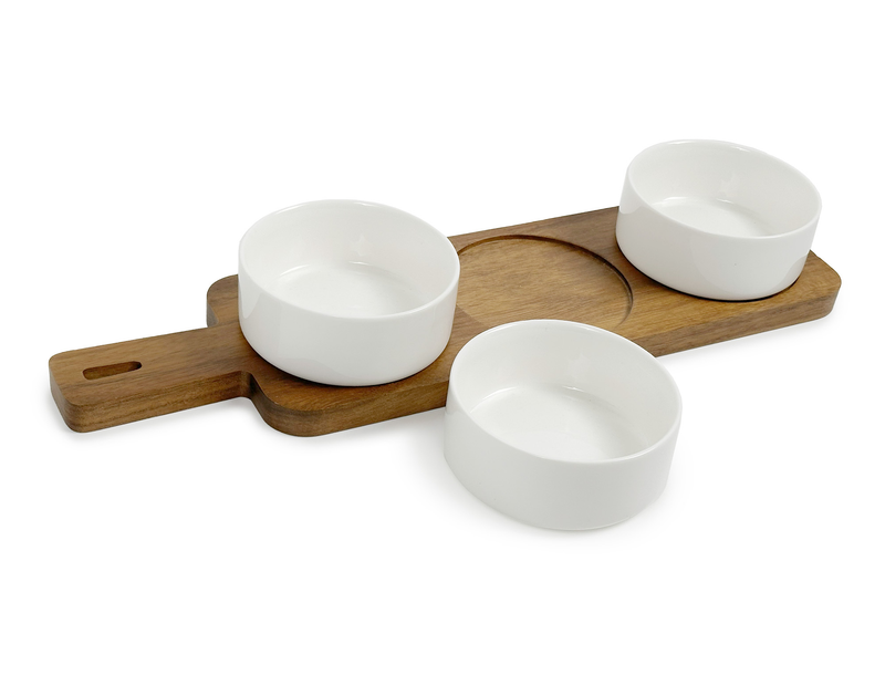 Ensemble de service S&CO 4 pièces avec bols et planche - porcelaine et bois
