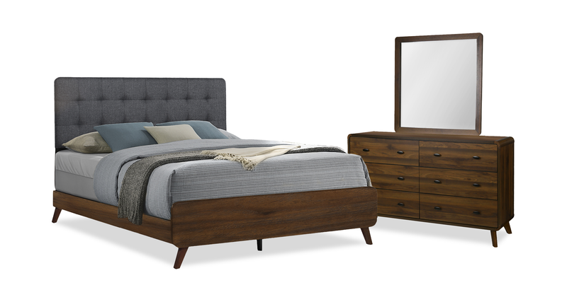 Ensemble de chambre à coucher de style moderne du milieu du 20e siècle Cami 5 pièces avec lit, commode et miroir, brun - grand lit