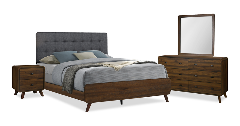 Ensemble de chambre à coucher de style moderne du milieu du 20e siècle Cami 6 pièces avec lit, commode, miroir et table de nuit, brun - grand lit