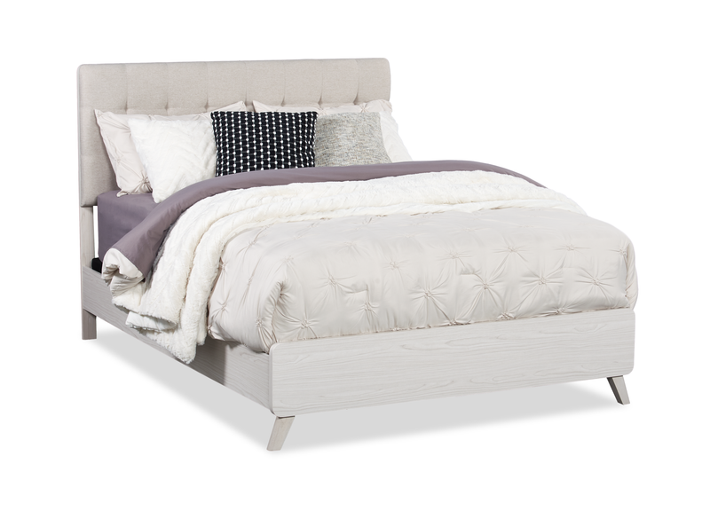 Lit à panneaux Cami en chêne gris avec tête de lit en tissu et cadre de lit - format grand lit