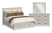  Ensemble de chambre à coucher Celine 5 pièces avec lit de rangement, commode et miroir, ivoire - format très grand lit