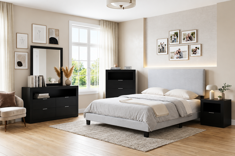 Lit rembourré Delta en tissu de polyester gris - format grand lit