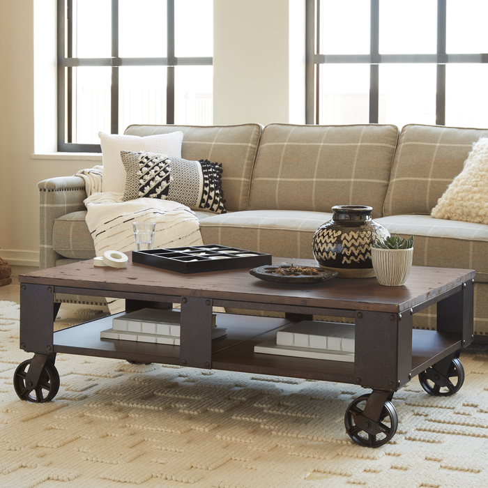 Table à café Eastway de 52 po avec dessus relevable et rangement - pin naturel vieilli