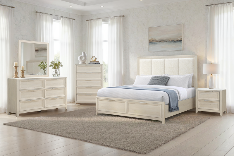 Lit de rangement Elana avec tête de lit rembourrée, beige - format très grand lit