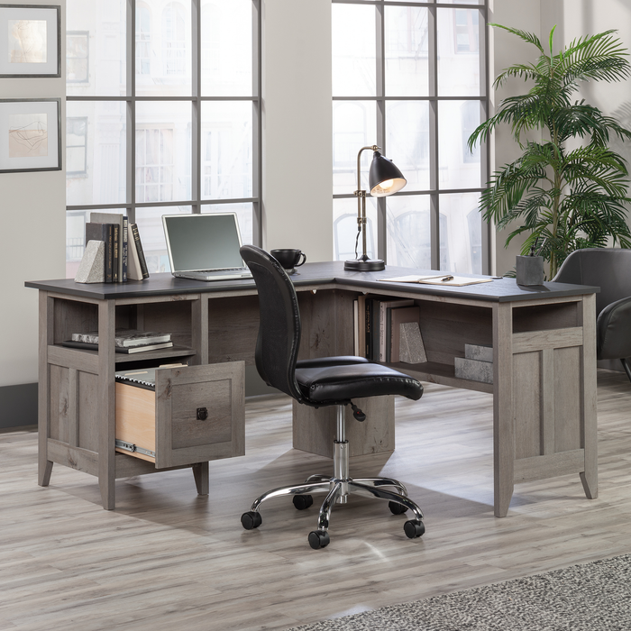 Bureau en forme de L Ellery de 59,06 po avec système de gestion des câbles - chêne mystique