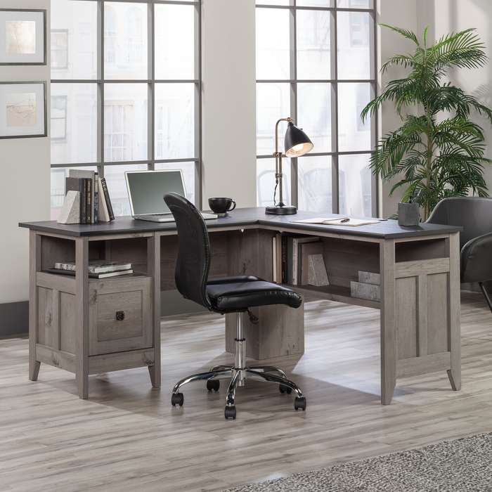 Bureau en forme de L Ellery de 59,06 po avec système de gestion des câbles - chêne mystique
