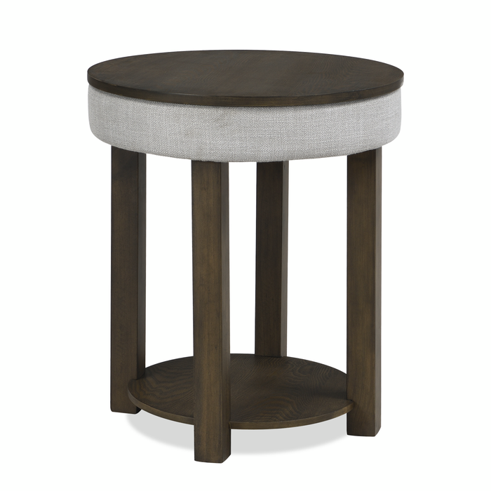Table de bout ronde rustique Elroy de 21 po avec dessus relevable et tablette - brune et grise avec bordure en tissu