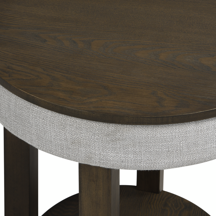 Table de bout ronde rustique Elroy de 21 po avec dessus relevable et tablette - brune et grise avec bordure en tissu