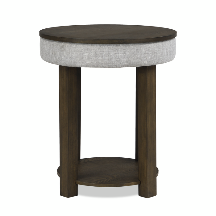 Table de bout ronde rustique Elroy de 21 po avec dessus relevable et tablette - brune et grise avec bordure en tissu