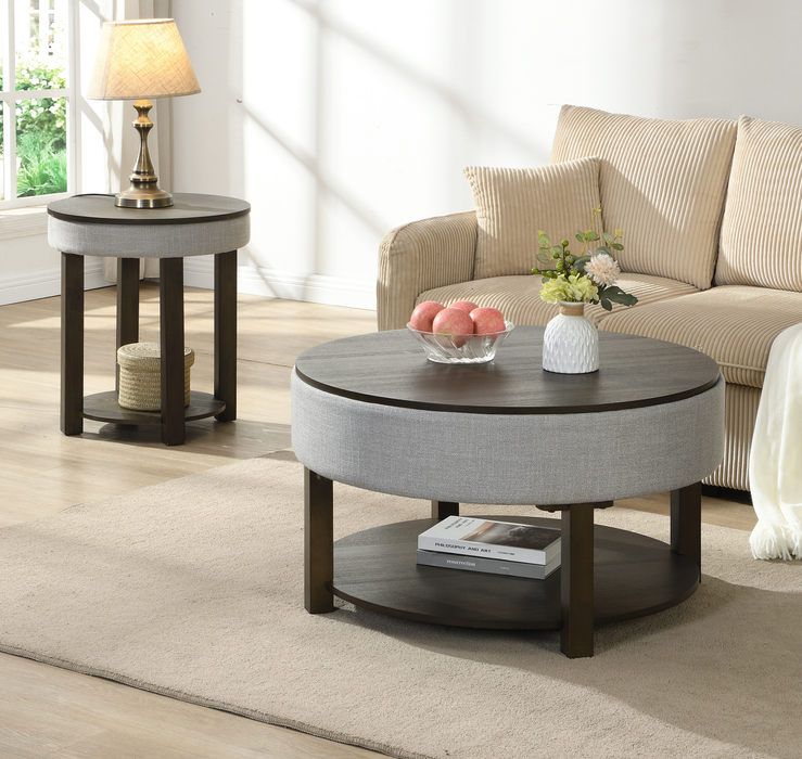 Table de bout ronde rustique Elroy de 21 po avec dessus relevable et tablette - brune et grise avec bordure en tissu