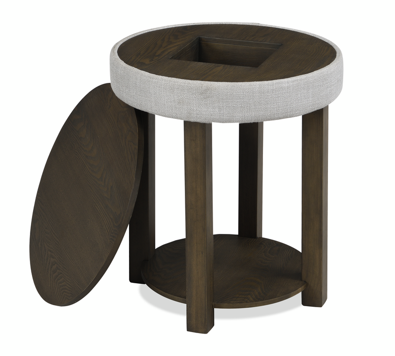 Table de bout ronde rustique Elroy de 21 po avec dessus relevable et tablette - brune et grise avec bordure en tissu