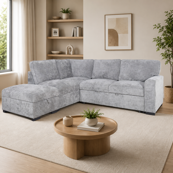 Sofa-lit sectionnel de gauche Emerie 3 pièces en chenille avec pouf de rangement - gris